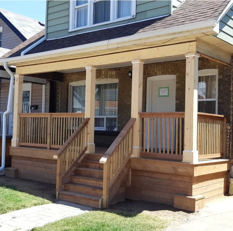 Modern wooden front porch renovation by BWB Construction in Hamilton, Ontario